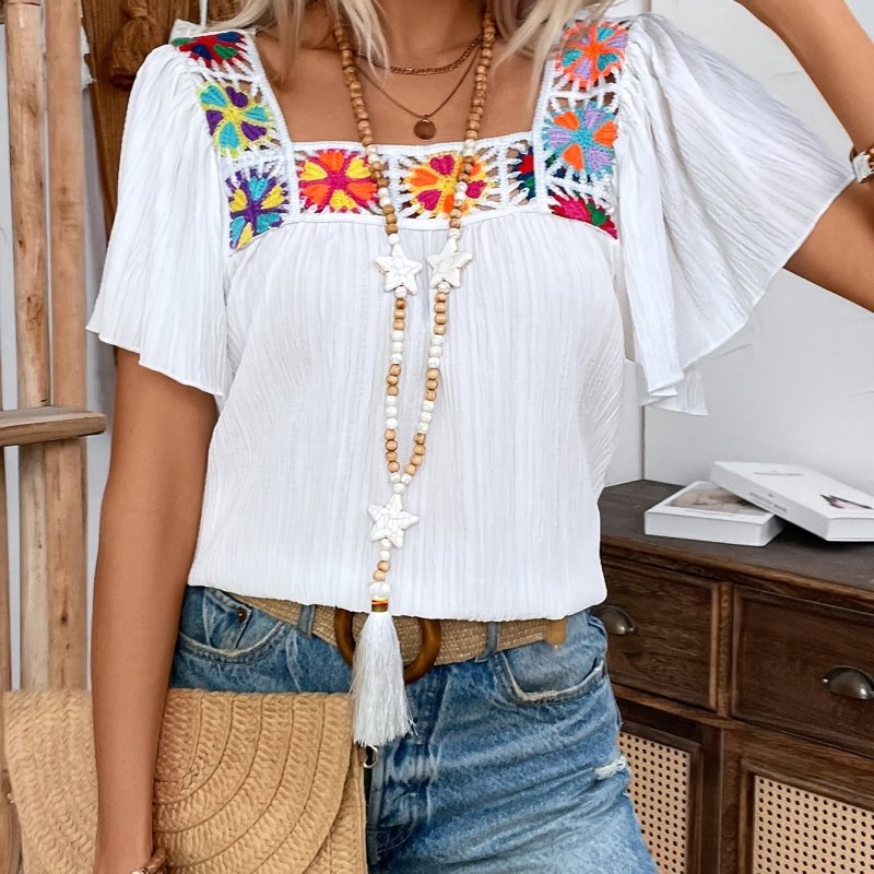 Women'S Fashion Elegant Casual Tops Square Neck Patchwork Polyester Hollow Woven Tops for Adult, Spring, Summer, Fall