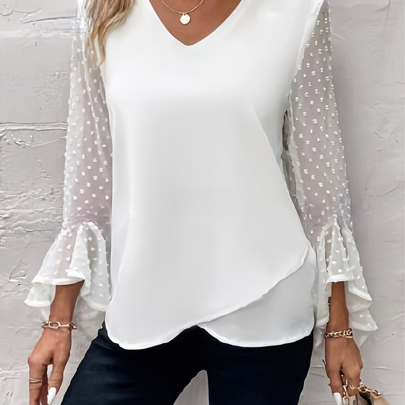 Elegant V-neck Swiss Dot Mesh Blouse - Cross Flare Sleeve For Spring & Fall - Women's Clothing