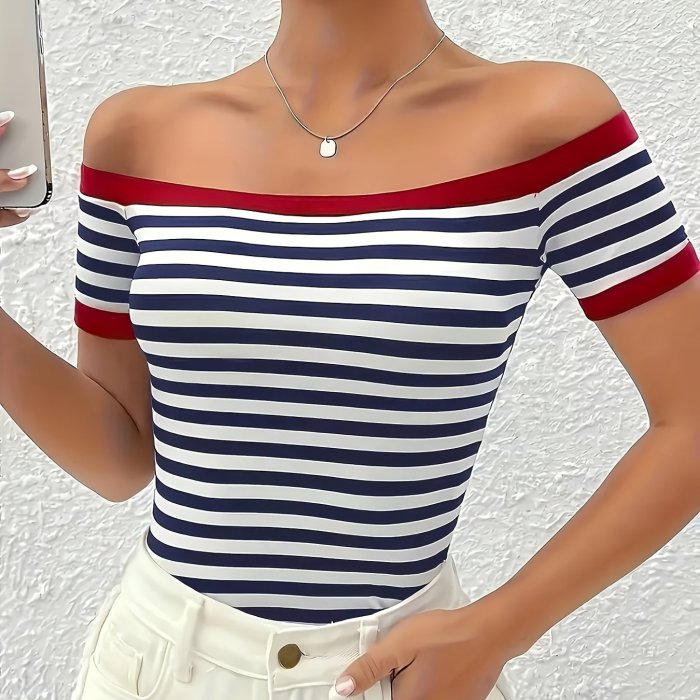 Chic Off-Shoulder Striped Top for Women - Navy & Red Stripes, Short Sleeve, Stretchy Polyester Blend, Sexy Summer Style, Machine Washable, Casual Wear | Sexy Summer Top | Comfortable Fit