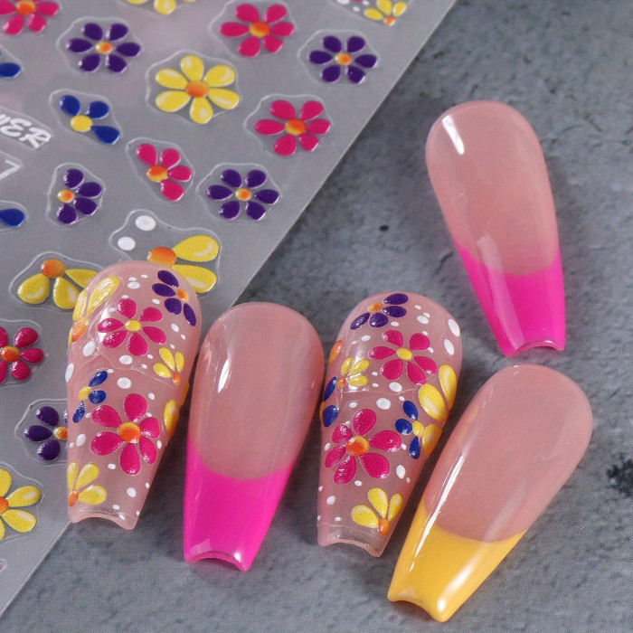 Colorful 5D Embossed Flower Nail Stickers, Semi-Glossy Irregular Fantasy Floral Nail Art Decals, Single Use DIY Self-Adhesive Summer Manicure Decor, Plastic Unscented Embroidered Sliders - 1 Sheet