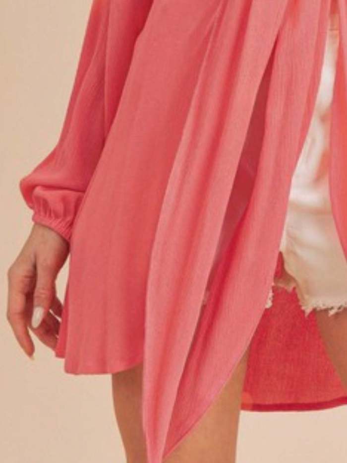 Womens Casual Boho Chic Front Tie Knot Crop Blouse Coral Pink Long Lantern Sleeve Collared Neck Flowy Textured Summer Beach Party Top