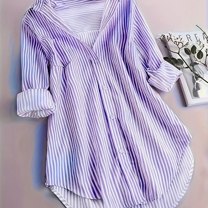 Stripe Print Button Front Blouse, Casual Long Sleeve Blouse For Spring & Fall, Women's Clothing