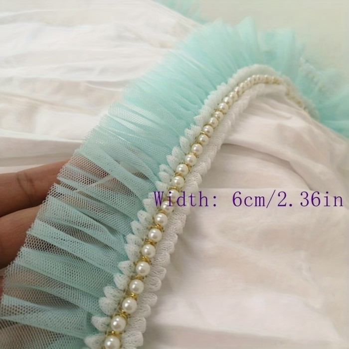 Ruffled Pearl Trim Sewing Ribbon - 1 Yard, 6cm Wide, Elegant Pearl Embellishments | Bright Pink\u002FWhite\u002FTeal Green, Ideal for Doll Collars, Skirts, Crafts