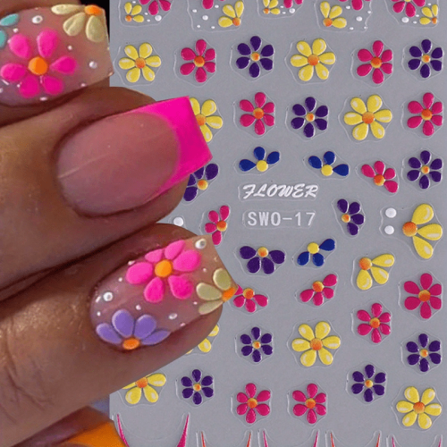 Colorful 5D Embossed Flower Nail Stickers, Semi-Glossy Irregular Fantasy Floral Nail Art Decals, Single Use DIY Self-Adhesive Summer Manicure Decor, Plastic Unscented Embroidered Sliders - 1 Sheet