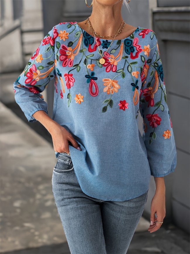 Long Sleeve Elegant Floral Blouse Elegant Embroidered Floral Blouse - Polyester & Rayon, Crew Neck, Long Sleeve, Non-Sheer - Perfect for All Seasons