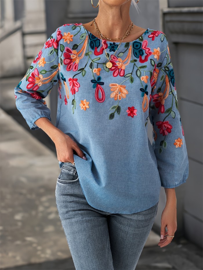 Long Sleeve Elegant Floral Blouse Elegant Embroidered Floral Blouse - Polyester & Rayon, Crew Neck, Long Sleeve, Non-Sheer - Perfect for All Seasons