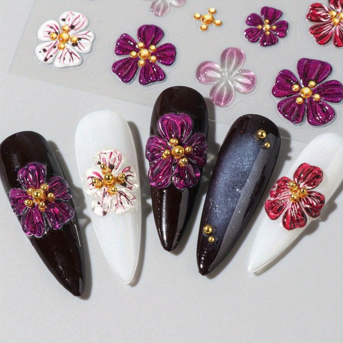 5D Embossed Pink & Purple Fairy Orchid Nail Art Stickers - Colorful Transparent Floral Decals with Engraved Petals, Self-Adhesive Sliders for DIY Manicure