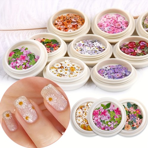 9 Boxes, 3D Flower Nail Stickers, 450Pcs Holographic Simulation Flower Leaf Nail Glitter Sequin Acrylic Paillettes, Sparkle Nail Glitter For Nail Art Decoration