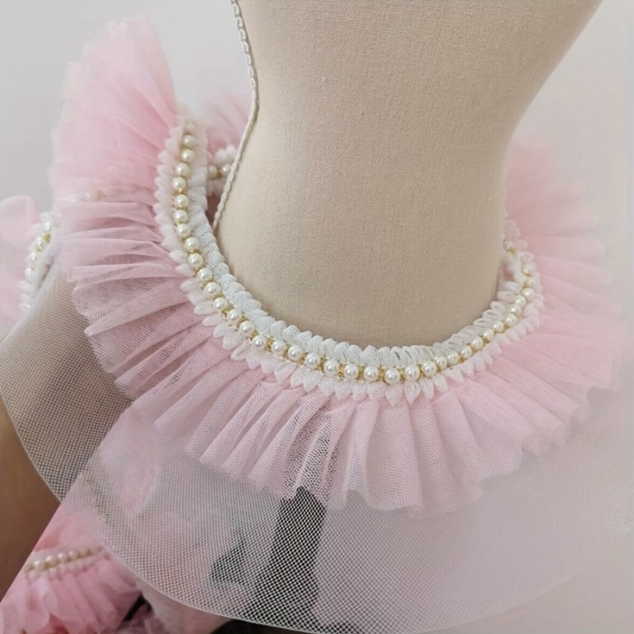 Ruffled Pearl Trim Sewing Ribbon - 1 Yard, 6cm Wide, Elegant Pearl Embellishments | Bright Pink\u002FWhite\u002FTeal Green, Ideal for Doll Collars, Skirts, Crafts