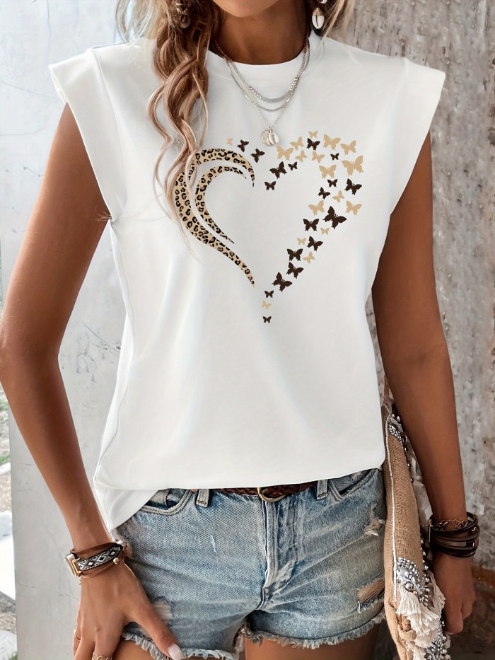 Print T-Shirt For Spring Heart & Butterfly Print T-Shirt, Casual Crew Neck Cap Sleeve T-Shirt For Spring & Summer, Women's Clothing