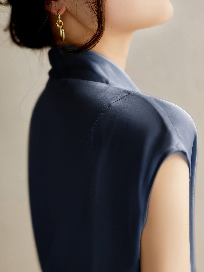 Solid Color Surplice Neck Blouse, Elegant Sleeveless French Style Blouse For Summer, Women'S Clothing