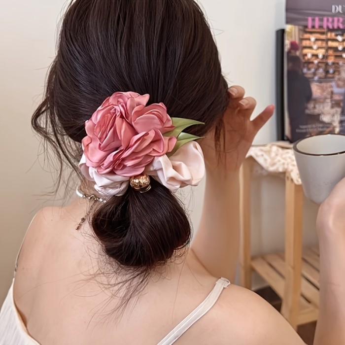 1pc Elegant Rose Flower Hair Clip for Women – Chic Pink & White Floral Hair Accessory with Green Leaves, Perfect for Casual Attire, Valentine's Day, and Special Occasions, Special Occasion Accessory | Elegant Hair Clip | Delicate Construction