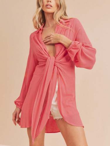 Womens Casual Boho Chic Front Tie Knot Crop Blouse Coral Pink Long Lantern Sleeve Collared Neck Flowy Textured Summer Beach Party Top