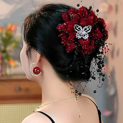 Elegant Red & Black Fabric Flower Hair Claw Clip with Rhinestone Butterfly and Tassel, Middle Size Shark Claw for Women, Ideal for Latin Dance Party and Valentine'S Day Accessory, Single Piece