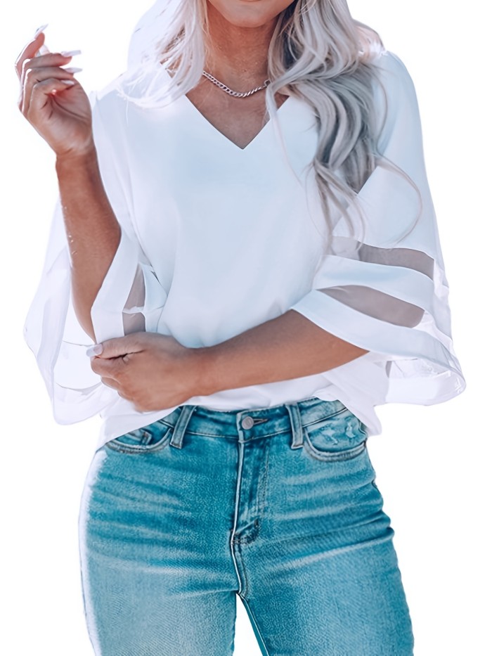 New Women Plus Size Loose V Neck Tops Ladies Mesh Stitching 3\u002F4 Sleeve Casual Holiday Blouse Shirt Female Blusas Tunic Shirts Tops