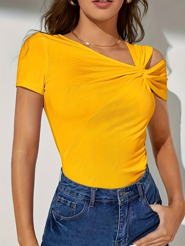 Ruched Solid Color T-Shirt, Casual Short Sleeve T-Shirt For Spring & Summer, Women's Clothing