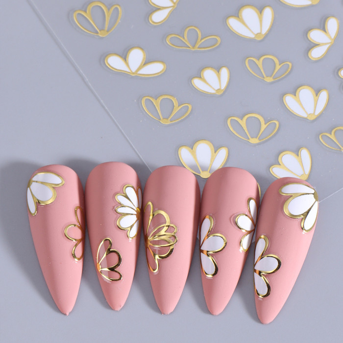 2 Pack Self-Adhesive Nail Art Decals with Golden Edging, Elegant Petal Design, Fantasy Theme, 3D Glitter Nail Embellishments for DIY, Shimmery Finish, Plastic, Unscented, Single Use, for Plastic Surfaces - Rectangle Floral Pattern