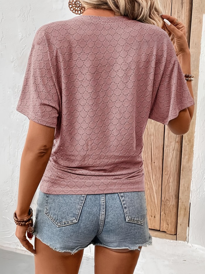 Elegant Blouse Lightweight Polyester Women's Elegant Solid Color Blouse - Casual Textured Batwing Sleeves, Ruched Detail, Perfect for Spring\u002FSummer