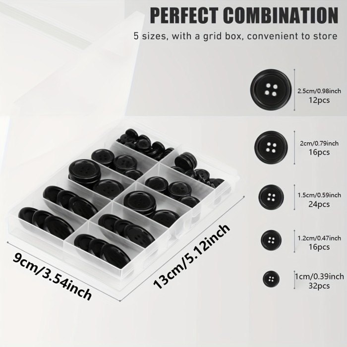 100pcs Versatile Black Resin Craft Buttons - 4-Hole, 5 Sizes, Durable & Easy-to-Use for DIY Projects, Sewing, and Holiday Decorations - Smooth Finish, Heat Resistant