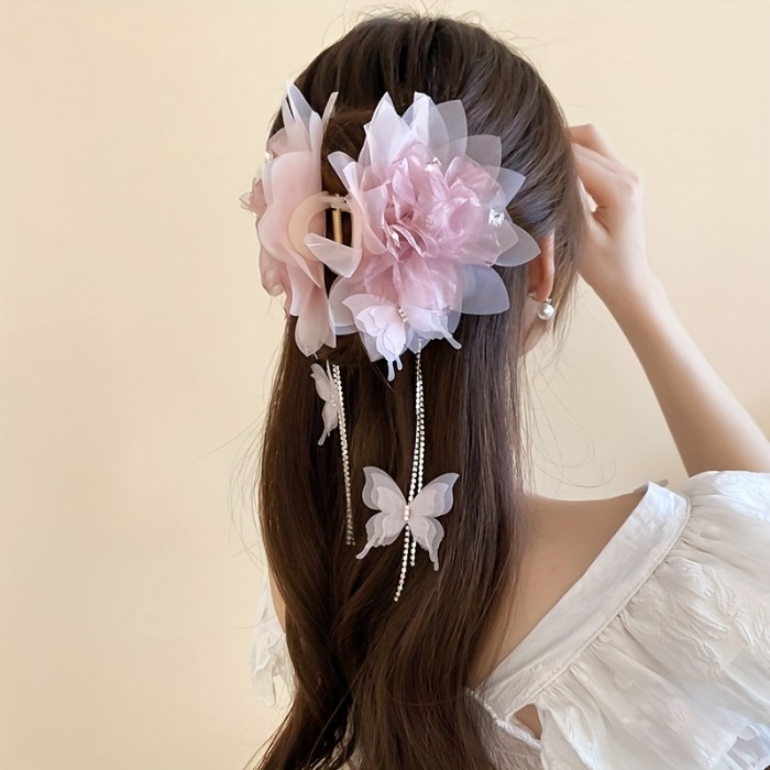 1pc Elegant Acrylic Flower Hair Claw with Rhinestone Butterfly Tassel, Sweet Style Mesh Hair Accessory, Single Piece, Middle Size, Color Matching Design
