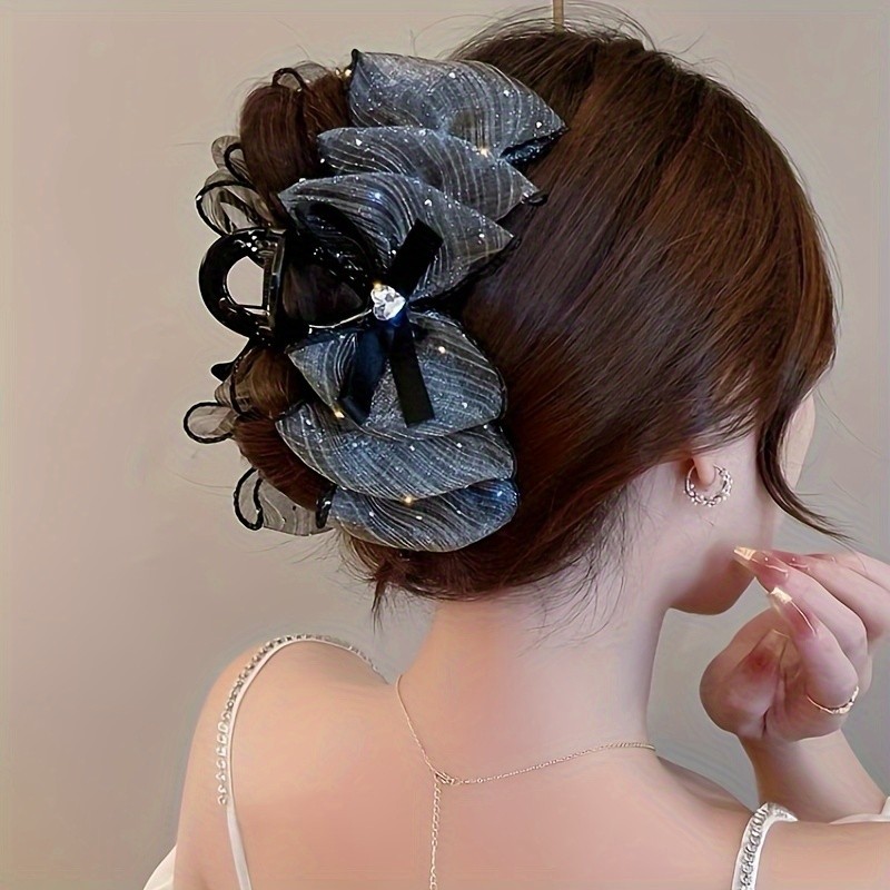 Elegant Large Butterfly Hair Clip with Heart-Shaped Rhinestone & Mesh Design - Vintage Style, Perfect for Casual Attire