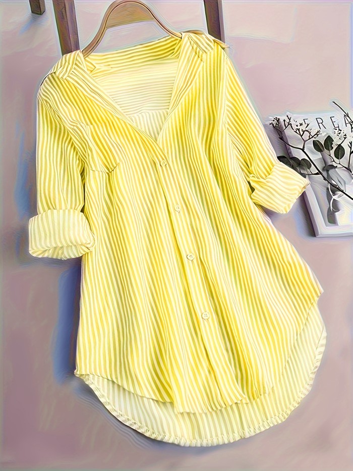 Stripe Print Button Front Blouse, Casual Long Sleeve Blouse For Spring & Fall, Women's Clothing