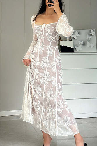 Elegant Solid Color Lace Lace Up Square Neck A Line Dresses