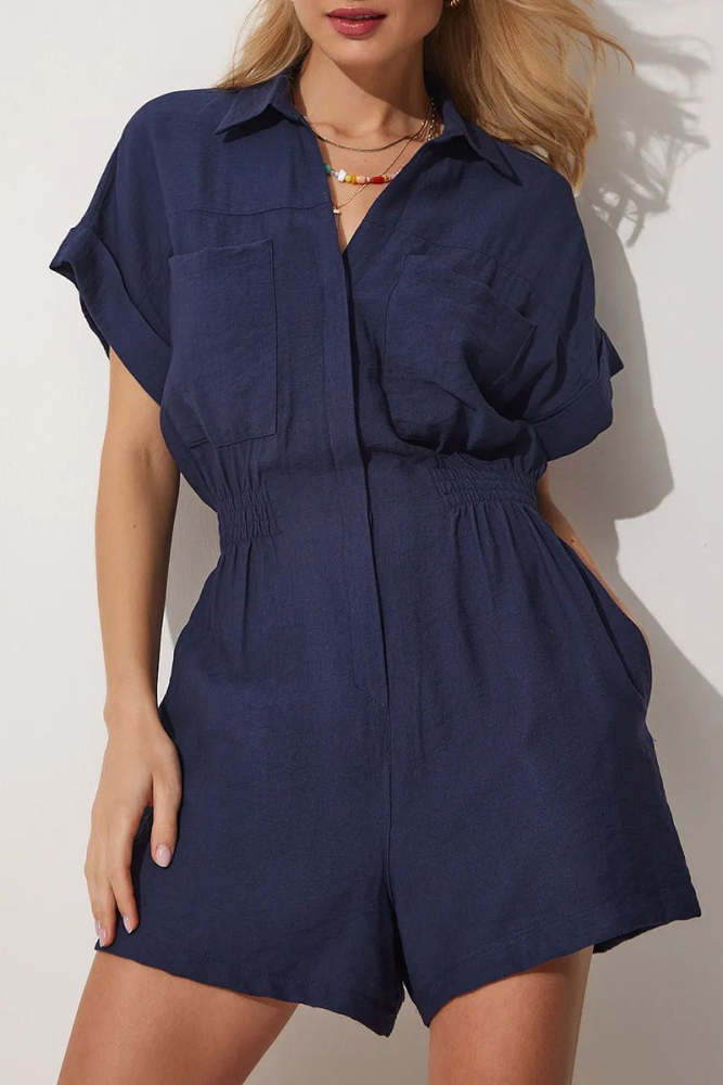 Casual Simplicity Solid Buttons Fold V Neck Loose Rompers