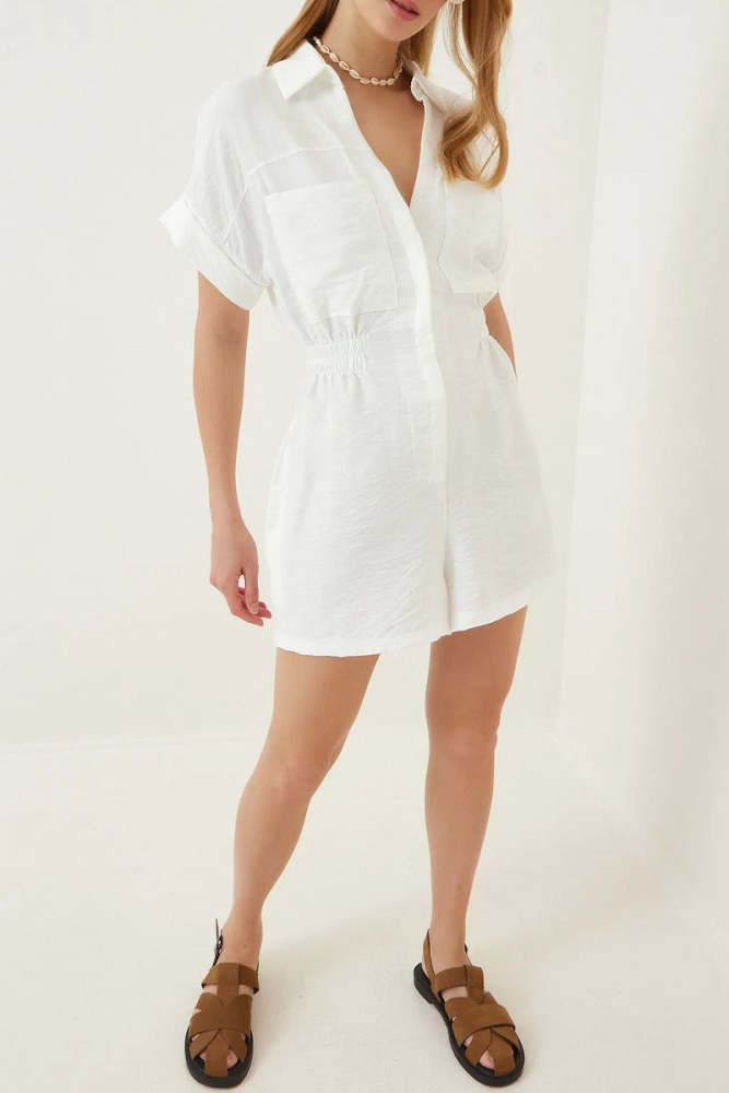 Fashion Casual Solid Patchwork Turndown Collar Loose Rompers