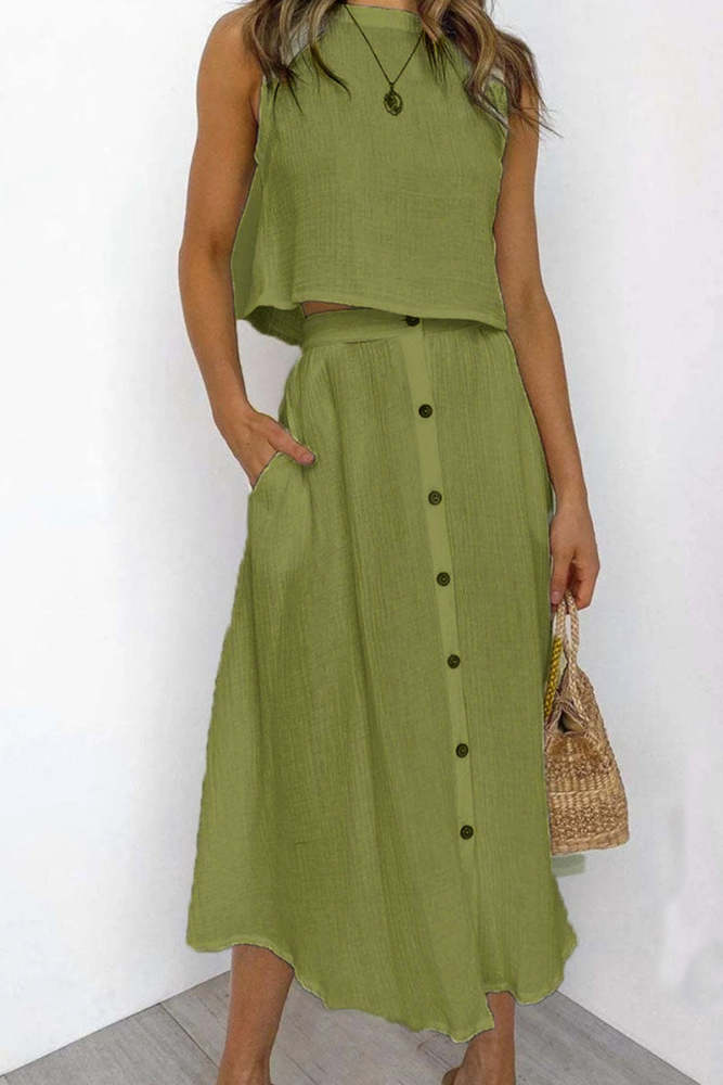 Casual Solid Patchwork O Neck Sleeveless Two Pieces(6 Colors)