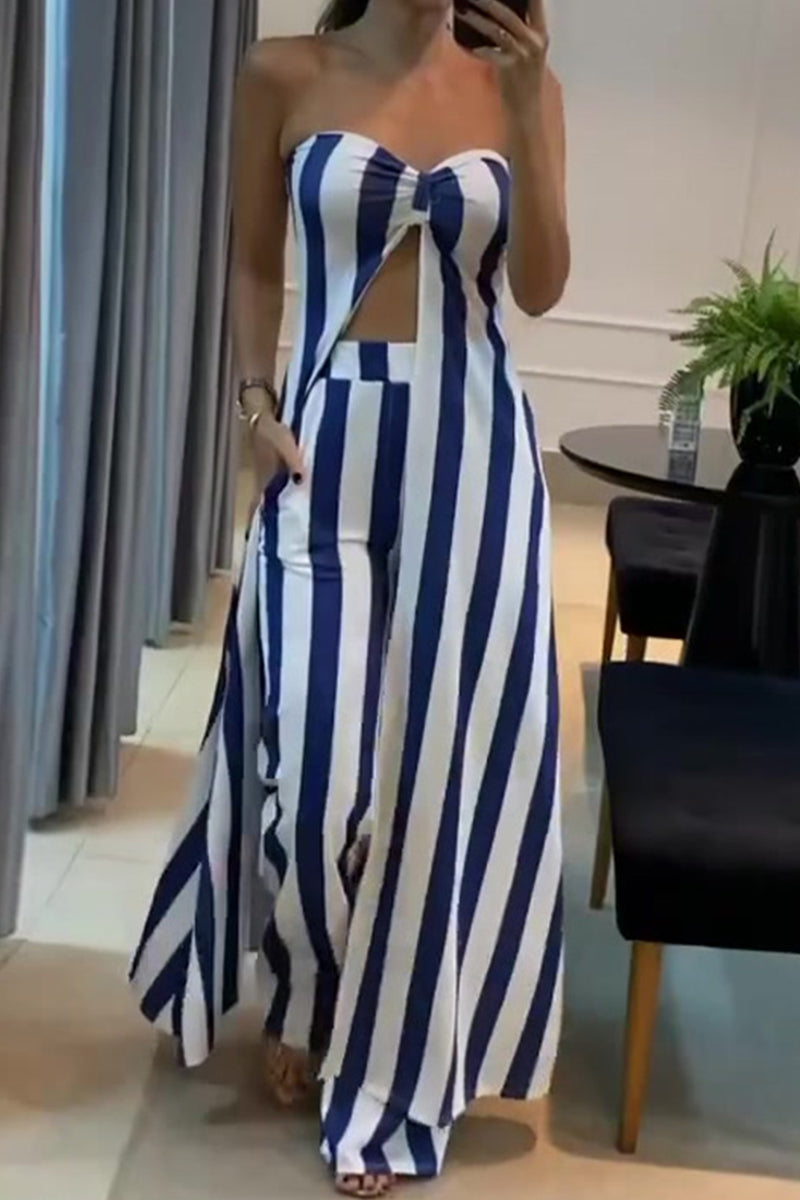 Sexy Celebrities Striped Print Buttons Slit O Neck Long Sleeve Two Pieces main image 0