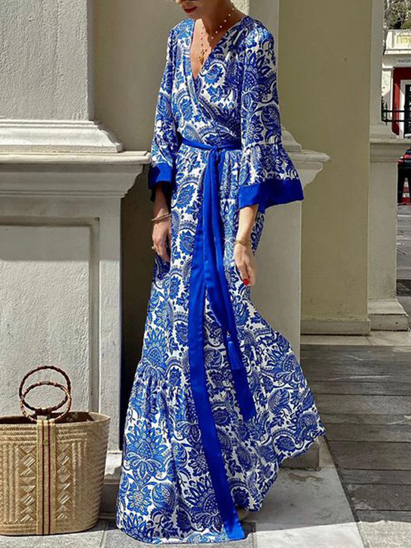 Tied Waist Split-Joint Printed Pleated Loose Long Sleeves V-Neck Maxi Dresses