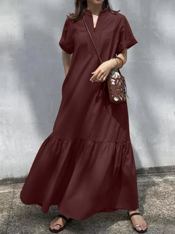 Split-Joint Solid Color Short Sleeves Plus Size V-Neck Maxi Dresses
