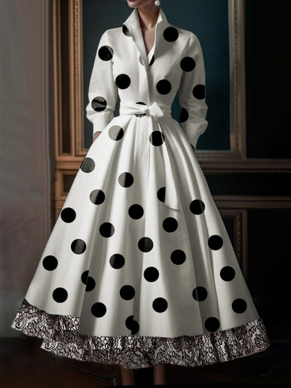 Split-Joint Polka Dot Pockets Lace-Up Belted Long Sleeves High Waisted Stand Collar Maxi Dresses