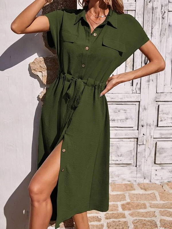 Split-Joint Pleated Drawstring Raglan Sleeve Lapel Shirt Dress Midi Dresses