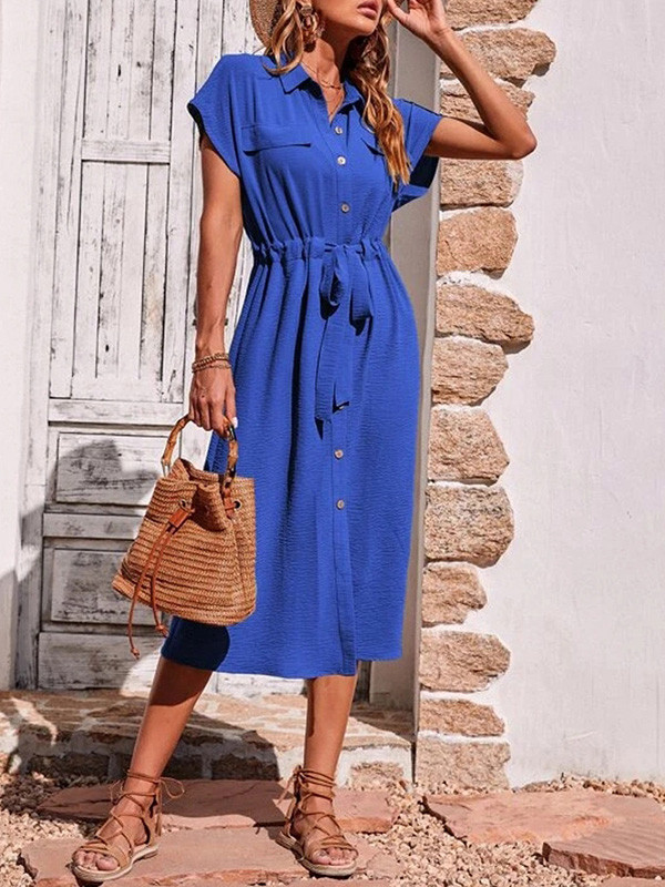 Split-Joint Pleated Drawstring Raglan Sleeve Lapel Shirt Dress Midi Dresses