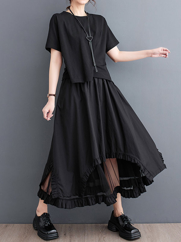 Split-Joint Solid Color Gauze Elastics Loose Skirts Bottoms