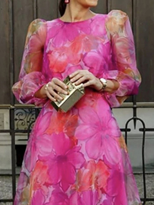 Split-Joint See-Through Gauze Flower Print Puff Sleeves Loose Round-Neck Midi Dresses