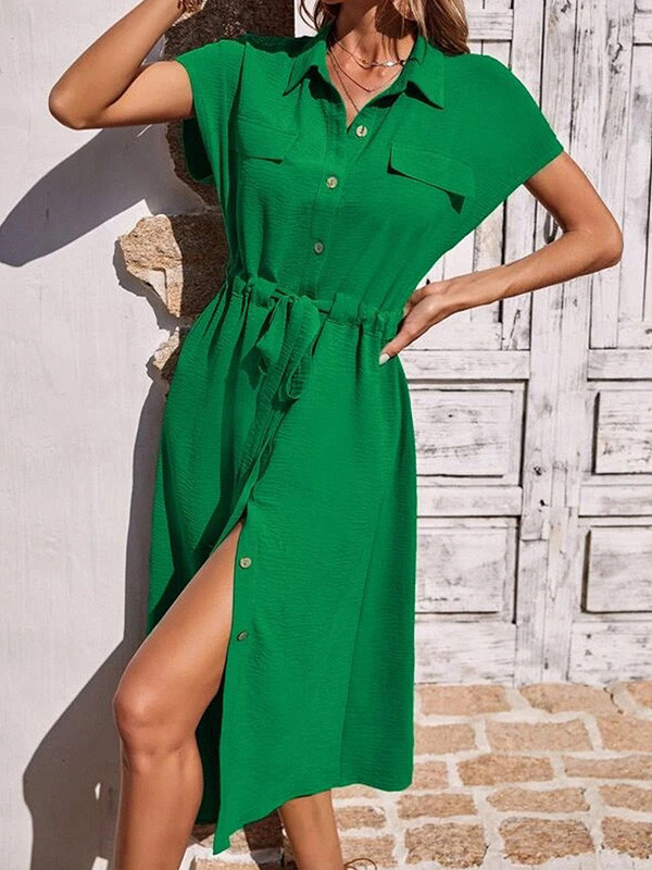 Split-Joint Pleated Drawstring Raglan Sleeve Lapel Shirt Dress Midi Dresses