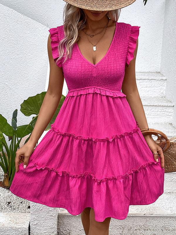 Split-Joint Solid Color Ruffle Trim Pleated Sleeveless Loose Deep V-Neck Mini Dresses