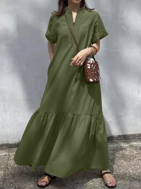 Split-Joint Solid Color Short Sleeves Plus Size V-Neck Maxi Dresses