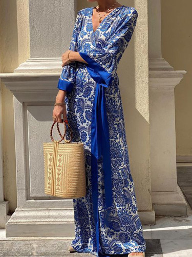 Tied Waist Split-Joint Printed Pleated Loose Long Sleeves V-Neck Maxi Dresses