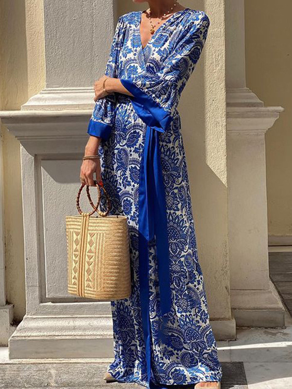 Tied Waist Split-Joint Printed Pleated Loose Long Sleeves V-Neck Maxi Dresses