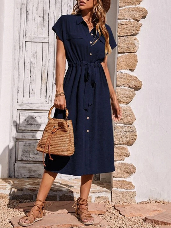 Split-Joint Pleated Drawstring Raglan Sleeve Lapel Shirt Dress Midi Dresses