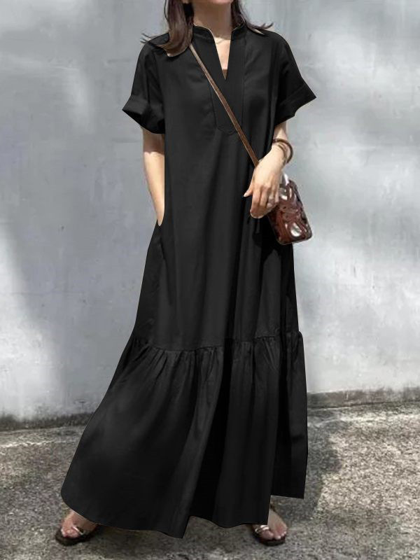 Split-Joint Solid Color Short Sleeves Plus Size V-Neck Maxi Dresses