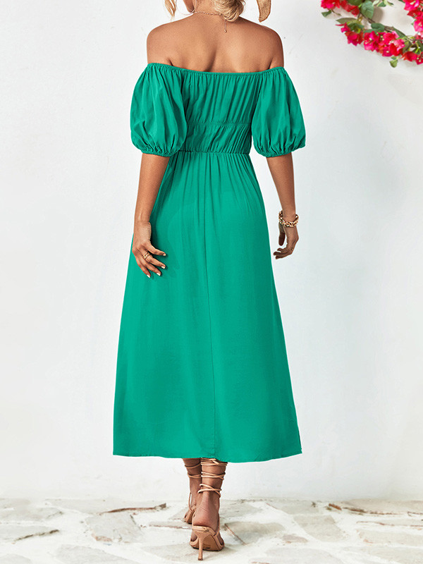 Solid Color Short Sleeves Loose Off-The-Shoulder Midi Dresses