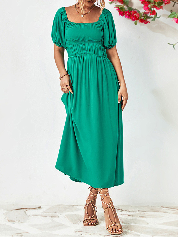Solid Color Short Sleeves Loose Off-The-Shoulder Midi Dresses