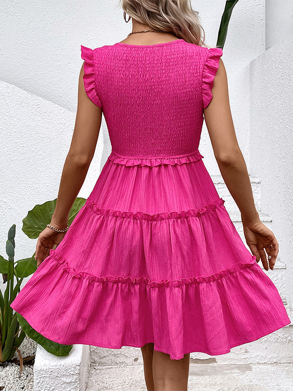 Split-Joint Solid Color Ruffle Trim Pleated Sleeveless Loose Deep V-Neck Mini Dresses