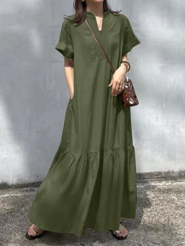 Split-Joint Solid Color Short Sleeves Plus Size V-Neck Maxi Dresses