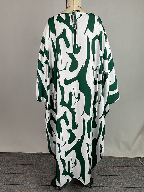Batwing Sleeves Loose Contrast Color Printed Round-Neck Maxi Dresses